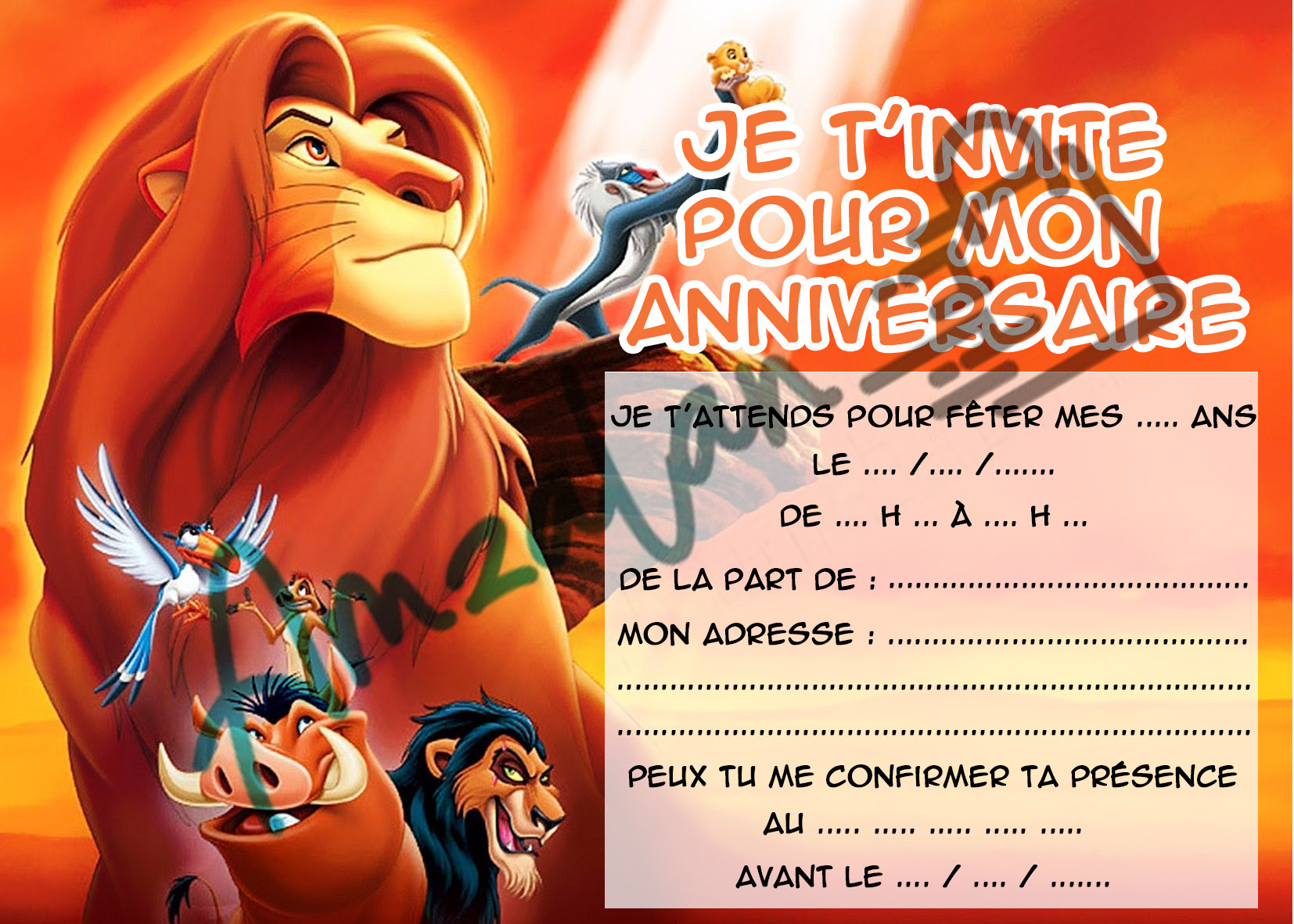 Cartes invitations LE ROI LION V1
