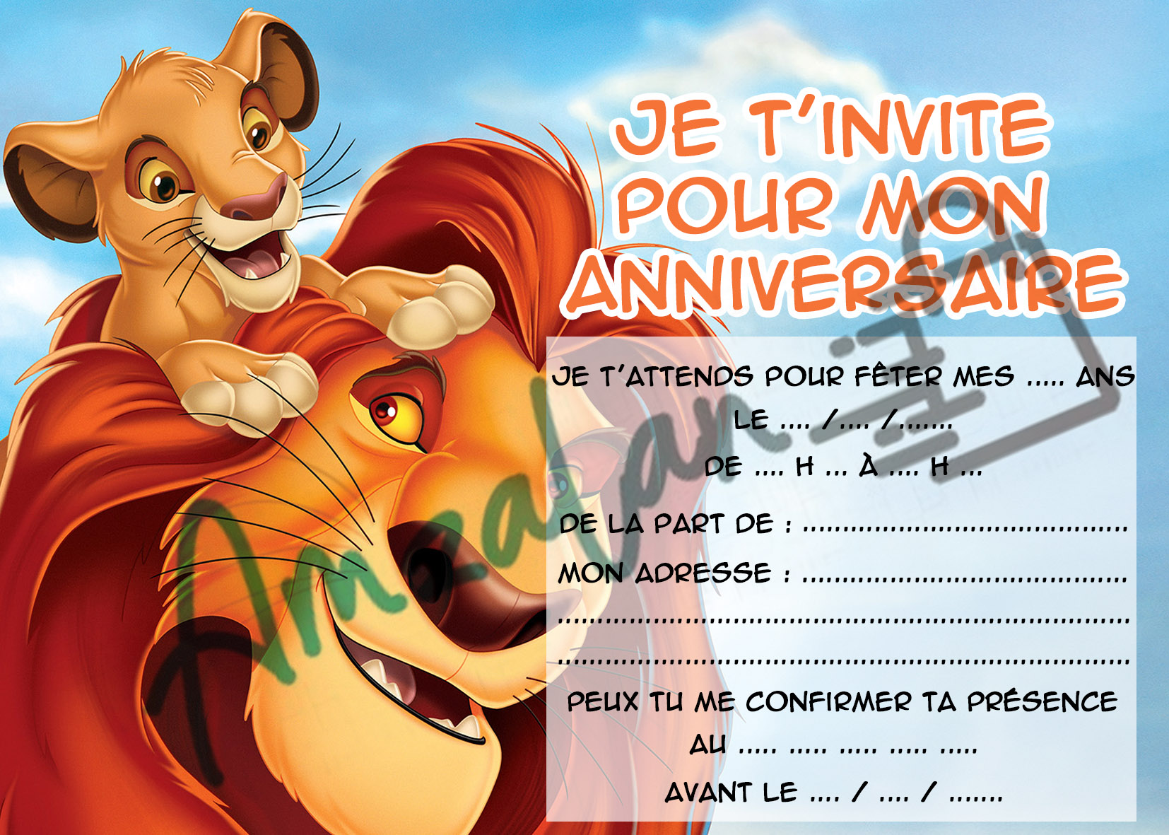 Cartes invitations LE ROI LION V2