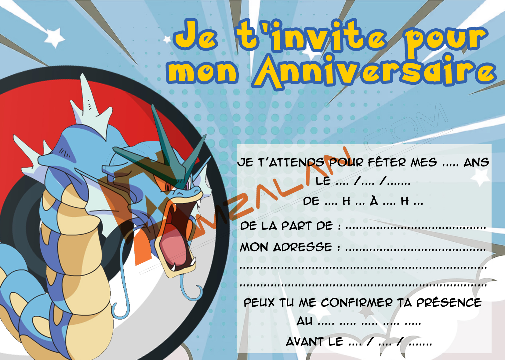 Carte invitation anniversaire enfant personnalisée - Thème Pokémon