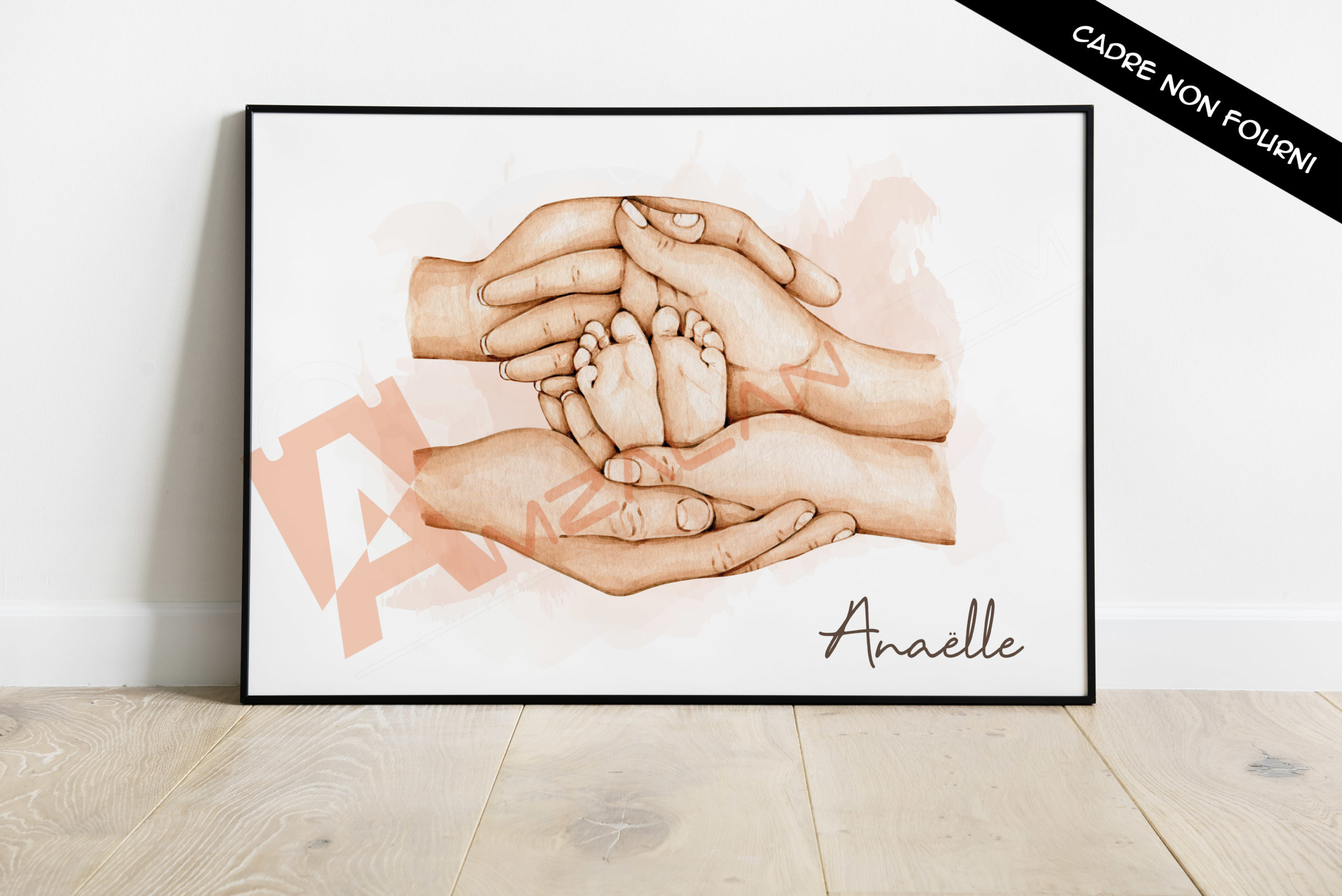 Cadeau de naissance personnalisé - Affiche A4 originale mains parents et pieds de bébé