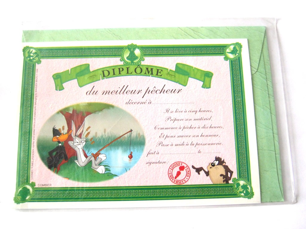 Carte postale avec enveloppe humour CARTOON félicitations Diplôme du meilleur pêcheur