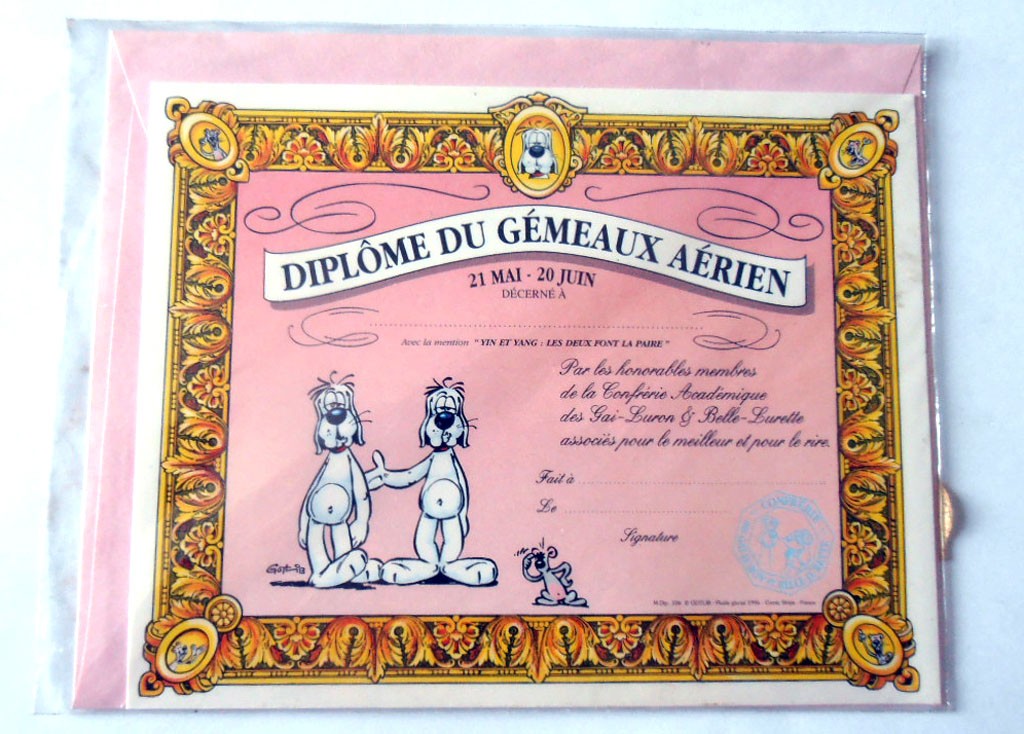 Carte postale avec enveloppe humour GAI LURON signe astrologique Diplôme du gémeau aérien