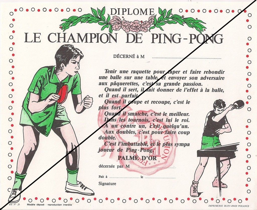Diplôme le champion de Ping Pong