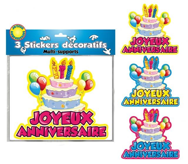 Lot de 3 stickers décoratifs multi supports joyeux anniversaire