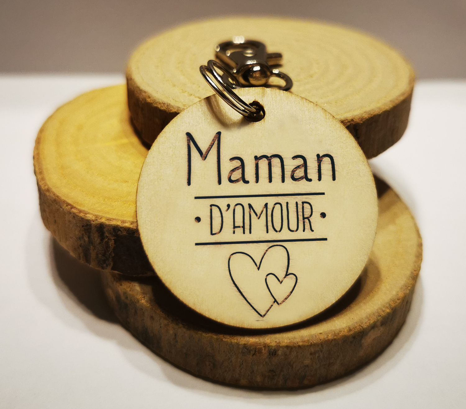 Porte-clés Maman d'amour - Gravure bois