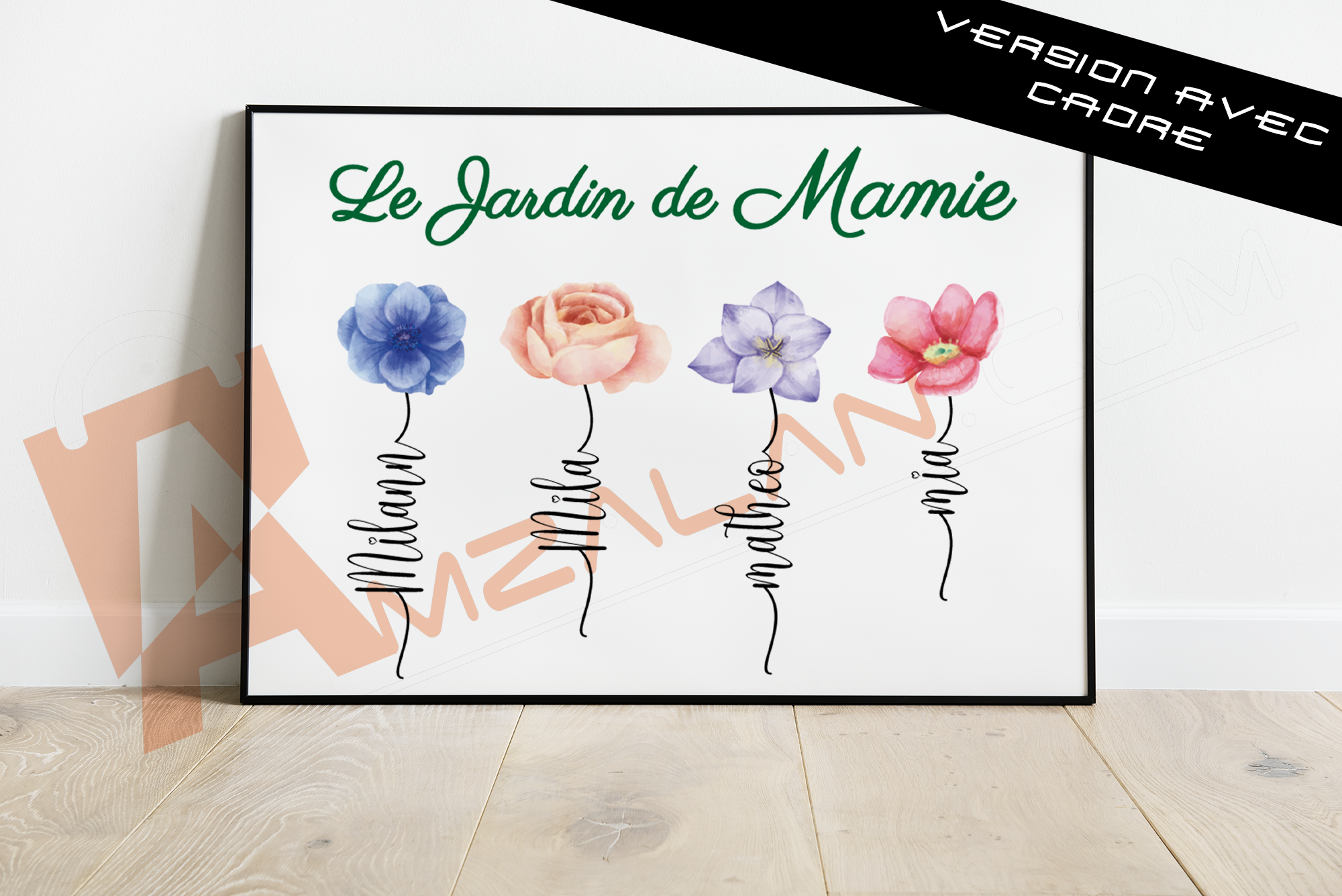 Le jardin de Mamie fleurs - Cadeau personnalisé - Cadre Affiche A4