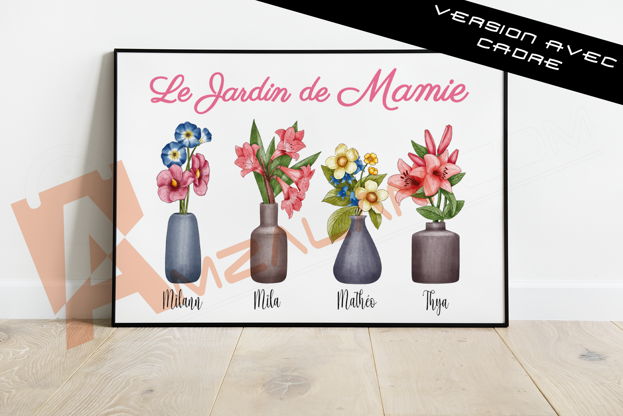 Le jardin de Mamie pots de fleurs - Cadeau personnalisé - Cadre Affiche A4