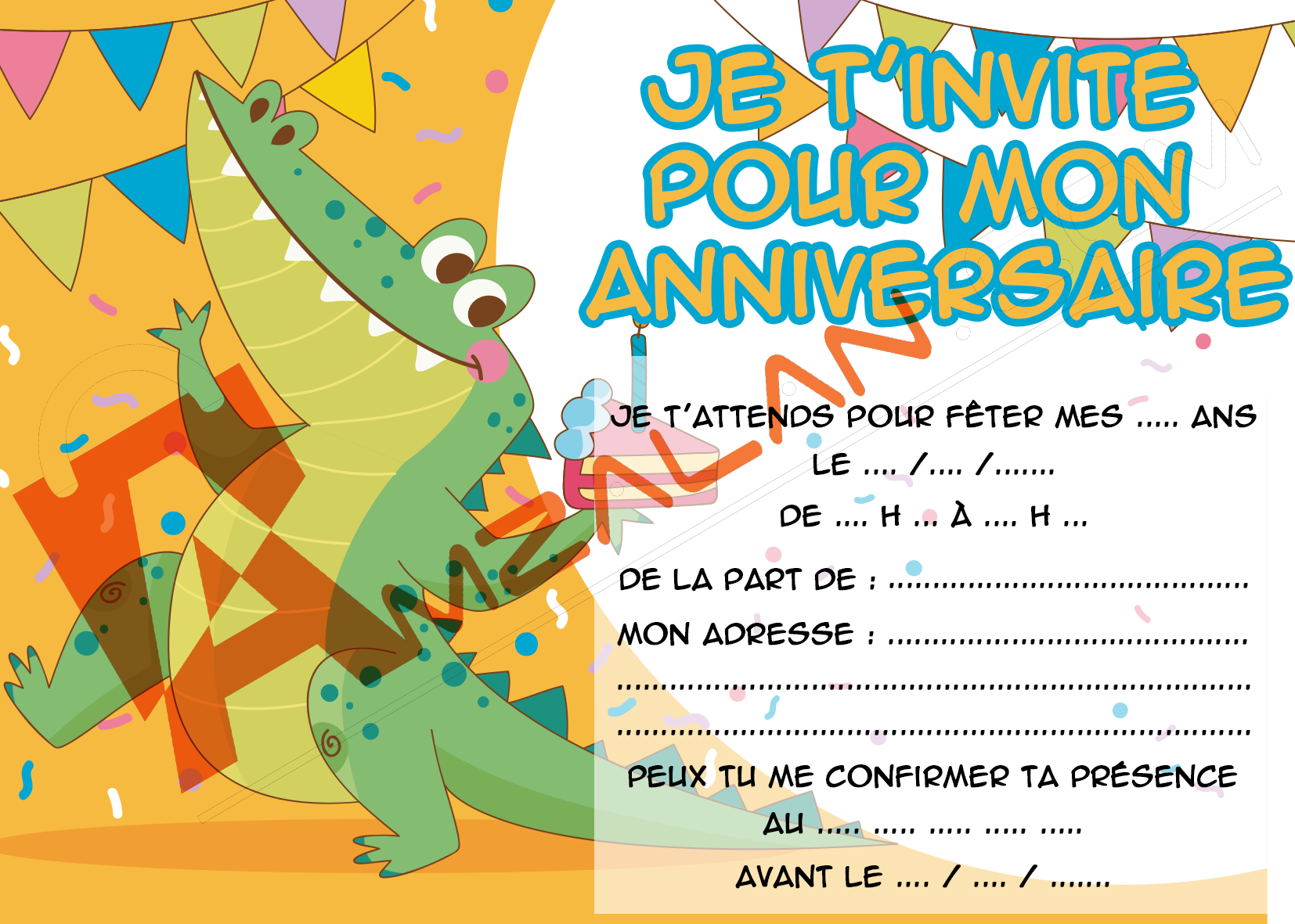 carte invitation anniversaire Crocodile lot de 6 avec enveloppe