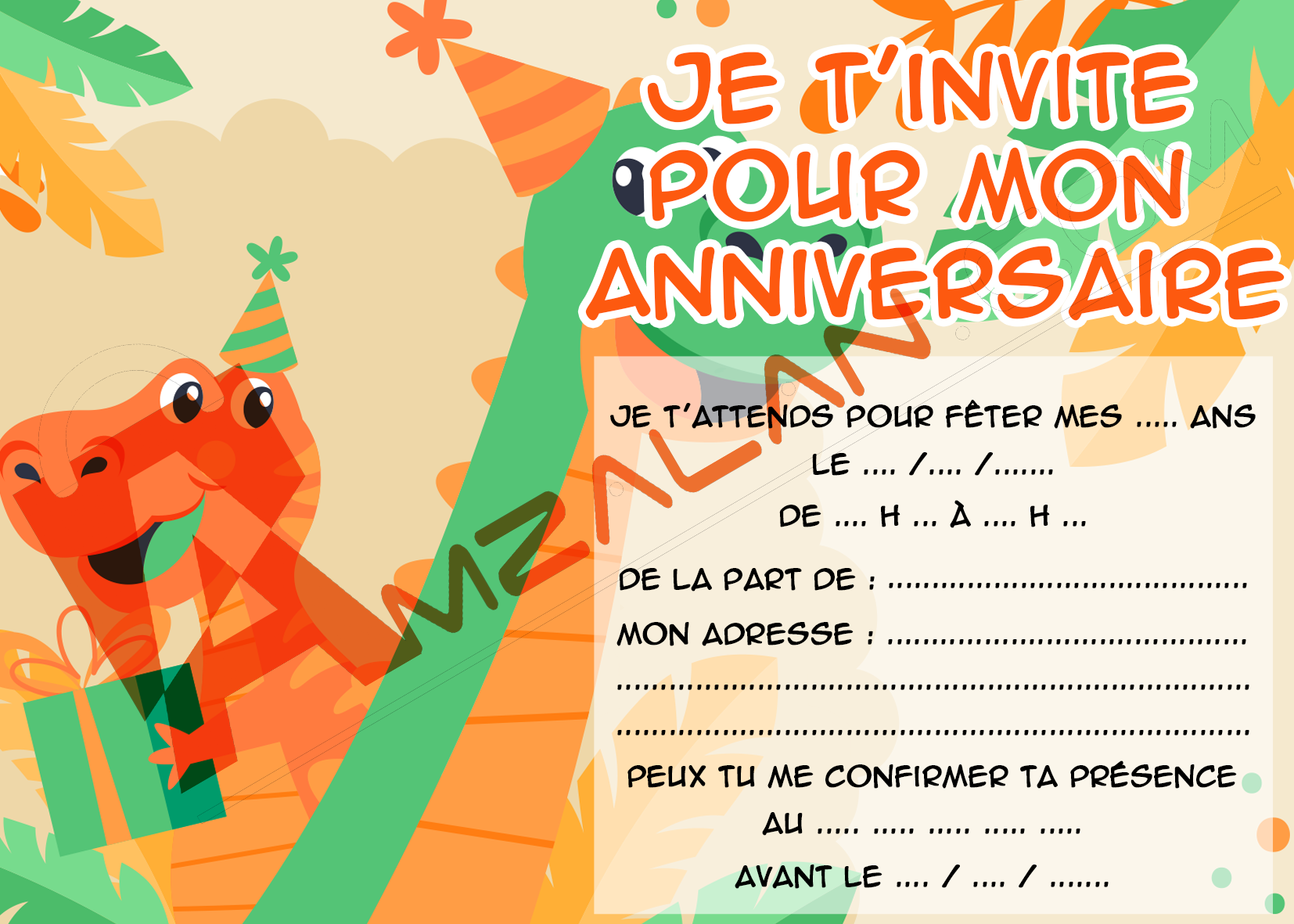 carte invitation anniversaire dinosaure V1 lot de 6 avec enveloppe