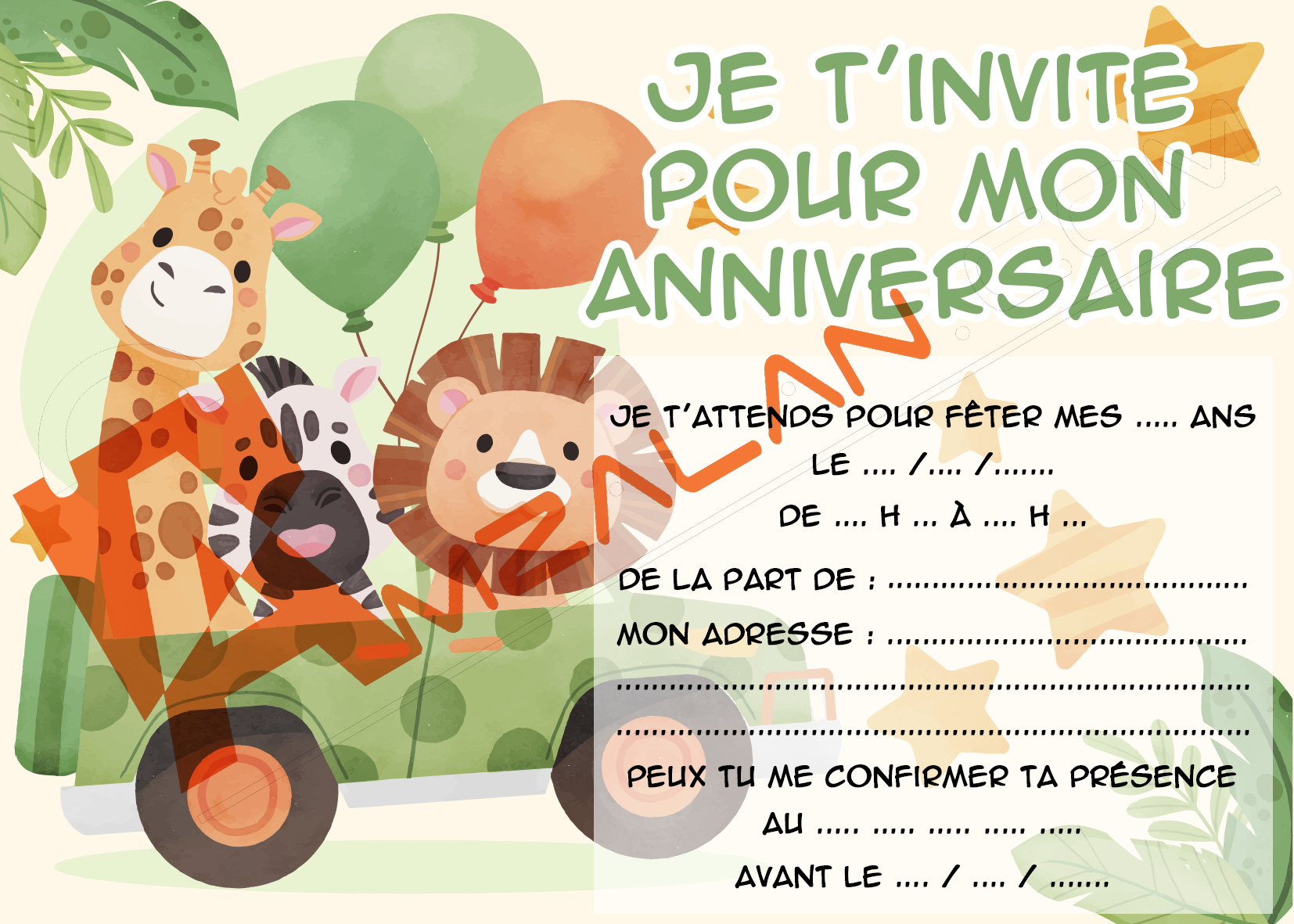 carte invitation anniversaire safari v2 lot de 6 avec enveloppe
